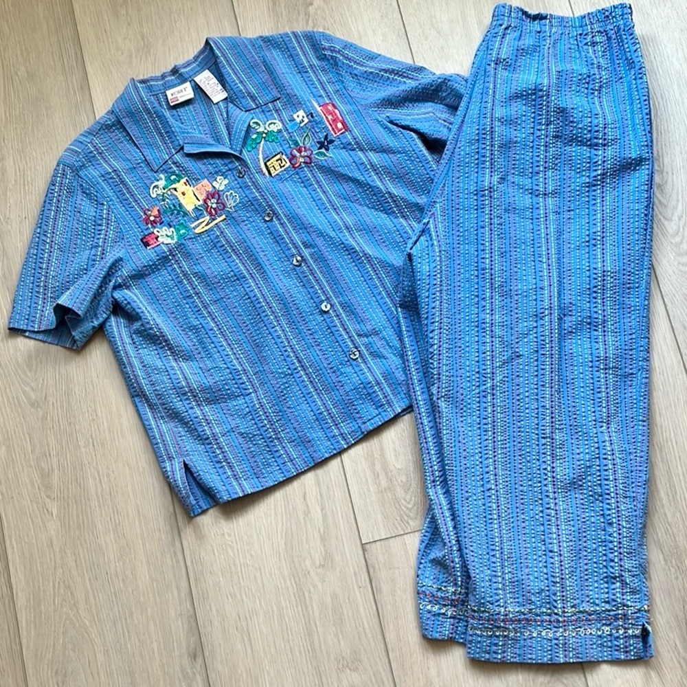 Vintage Koret Beach Embroidered Beach ocean scene Blue Striped shirt pants M